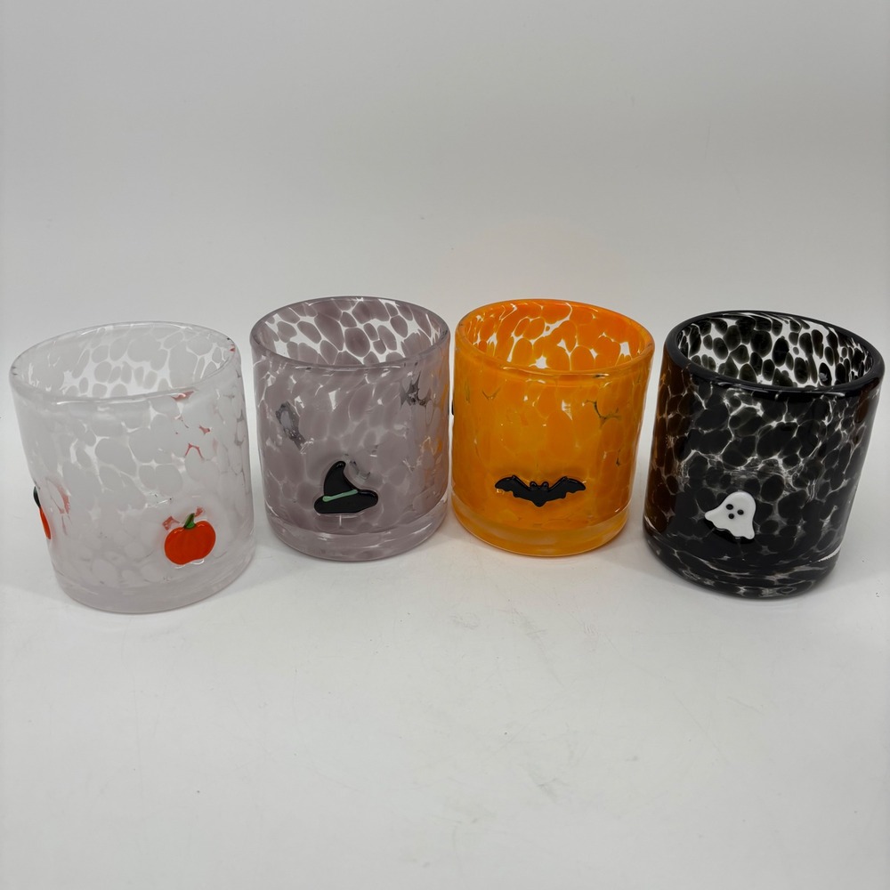 4Anthropologie Halloween Confetti Art Glass Bar whiskey Ghost Bat PumpkinWitch